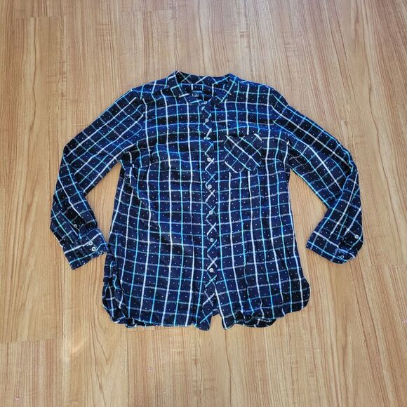 Talbots Top Shirt Womens Medium Blue Green Plaid Polka Dot Flannel Career Office - Picture 2 of 12